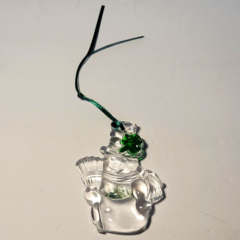 Galway Crystal Snowman Hanging Ornament Clear/Green Shamrock Christmas